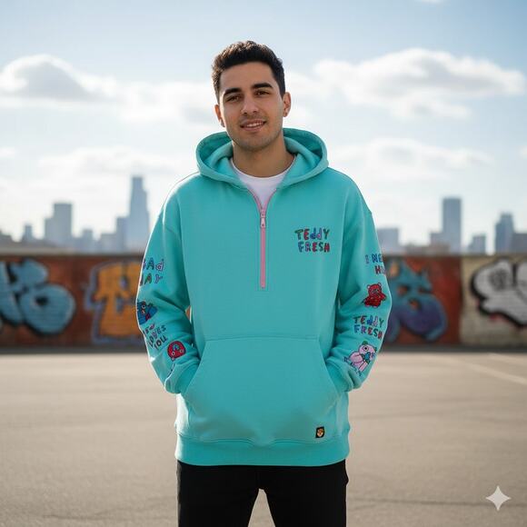 Teddy Fresh I Need A Hug Quarter Zip Hoodie Sweatshirt Pullover Size L Large - Picture 1 of 16